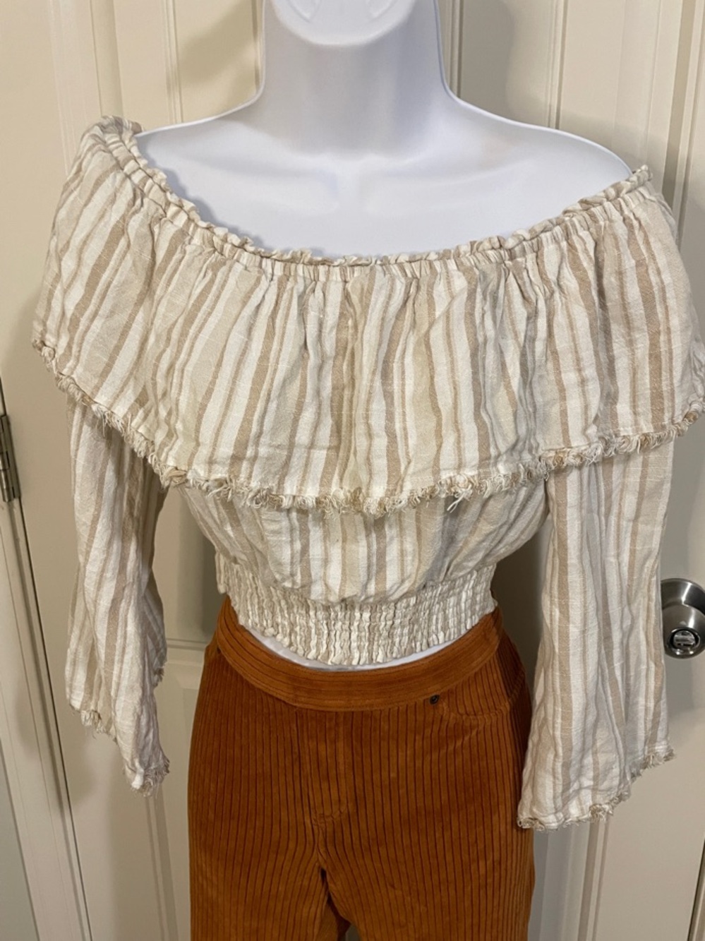 Striped Off-Shoulder Ruffle Crop Top - Cream & Beige